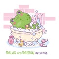 Funny relaxed frog bathes in bath with foam and rubber duck toy. Cute cartoon kawaii animal character washes and rests Royalty Free Stock Photo