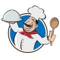 Funny restaurant chef with cloche and spoon