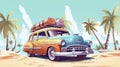 Funny retro car with surfboard and suitcase on the beach with palm trees in the background. Royalty Free Stock Photo