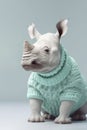 Funny rhinoceros in a menthol-colored knitted sweater on light background