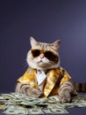 Funny rich boss cat in sunglasses holding cash in dollars