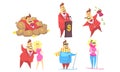 Funny Rich Millionaire in Different Situations Set, Fat Businessman Character Cartoon Vector Illustration