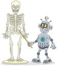 Funny robot at an Anatomy lesson with a skeleton