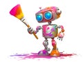 Funny robot artist standing looking at a big paintbrush with splashes of red and pink on white background. Concept of computer