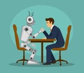 Funny robot and businessman arm wrestling, fighting . artificial intelligence vs human competition