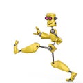Funny robot cartoon crazy walk along in a white background