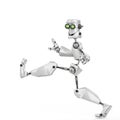 Funny robot cartoon crazy walk along in a white background