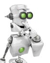 Funny robot cartoon is thinking about in a white background close up