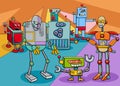 Funny robot characters group cartoon illustration