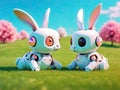 Funny robot rabbits on green meadow. Futuristic illustration Royalty Free Stock Photo