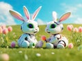 Funny robot rabbits on green meadow. Futuristic illustration Royalty Free Stock Photo