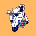 Funny robot waiter carrying coffee, tea. Modern computer butler hold towel in hand. Cute machine, program with tray