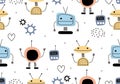 Funny robots seamless pattern with scandinavian drawing style. Robot hand drawn colorful cyborg character. Vector illustration for Royalty Free Stock Photo