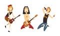 Funny Rock Musicians Characters Playing Electric Guitars and Singing, Rock Band Performing on Festival Cartoon Style Royalty Free Stock Photo