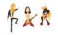 Funny Rock Musicians Characters Set, Heavy Metal Band Members Playing Guitar and Singing Cartoon Style Vector Royalty Free Stock Photo