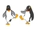 Funny rock and roll dancing of cute emperor penguins with yellow paws & beaks