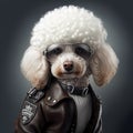 Funny rocker, a white poodle with glasses and a black leather jacket. Will keep the company in any mischief. Royalty Free Stock Photo