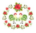 Funny roosters with tails and wings in shape of leaves. Red poppies and tulips and white daisies. Print for fabric