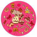 Funny round pattern with a jug, teapot, cups, funny birds, sweets, cookies and butterflies on a pink background.