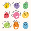 Funny round smiley faces with variants of emotions. Comical cartoon characters drawn by a line. A set of vector icons of Royalty Free Stock Photo