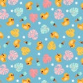 Funny rubber duck blue pattern. Hand-drawn trendy summer pattern design. Tropical monstera leaves, bath ducks and ice creams. Royalty Free Stock Photo