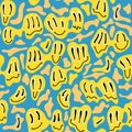 Funny 70s Melted trippy emoji seamless pattern. Retro groovy hippie happy smiles emotions. Melting characters with