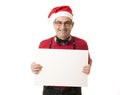 Funny 40s to 50s crazy sales man in Santa Christmas hat with bo Royalty Free Stock Photo