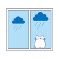 Funny sad cat is sitting in front of the window, it's raining outside. Vector illustration on a white background. Royalty Free Stock Photo