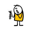 Funny sad stickman character holds fishbone in his hand and wonder who ate it.