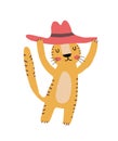 Funny Safari Party Vector Illustration with Dreamy Wild Cat in a Red Hat