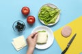 Funny sandwich for children in form of ladybug made of fresh tomato, salad, cheese, sausage, bacon and bread on blue background. Royalty Free Stock Photo