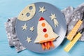 Funny sandwich with rocket and stars made of cheese, carrot and paprika, meal for kids idea