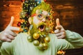 Funny Santa. Christmas preparation - man celebrating New Year. New year fashion clothes. Theme Christmas holidays and