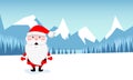 Funny Santa Claus on the background of a winter mountain landscape with a forest and a snow-covered field. Vector