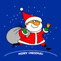 Funny Santa Claus character with a bag of gifts and a bell.. For Christmas cards, banners and labels. Cartoon style. Christmas Royalty Free Stock Photo