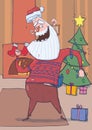 Funny Santa Claus In Deer Sweater Smiling And Dancing In Decorated Room With Christmas Tree, Stockings And Fireplace