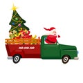 Funny Santa Claus drives an old retro car, truck