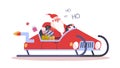 Funny Santa Claus driving an auto sleigh. Christmas character with gift Royalty Free Stock Photo