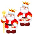 Funny Santa Claus in a gold royal crown with a golden staff isolated on white background. Sample of poster, party