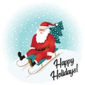 Funny Santa Claus sledding with mountains. Christmas greeting card background poster. Vector illustration. Happy holidays