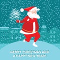 Funny Santa Claus with sparklers dancing the twist, Christmas card
