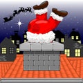 Funny Christmas Santa Claus Stuck in the Chimney, on Quiet Christmas City by Night Royalty Free Stock Photo