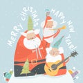 Funny Santa Clauses playing musical instruments. Merry Christmas