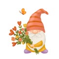 Funny Scandinavian Gnome with bouquet of flowers in hands isolated on white. Gnome with heart for Valentine s Day. Hand