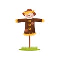 Funny scarecrow of straw with smiling face, dressed in brown shirt and hat. Human figure. Cartoon vector design Royalty Free Stock Photo