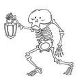 Funny scary skeleton with lantern. Halloween vector illustration. Cartoon character.