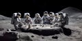 funny scene of astronauts playing poker and table games on the moon