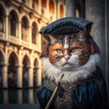 Funny scene of cute cat wearing traditional costume and mask at the carnival of Venice. Ai generated art