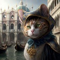 Funny scene of cute cat wearing traditional costume and mask at the carnival of Venice. Ai generated art