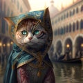 Funny scene of cute cat wearing traditional costume and mask at the carnival of Venice. Ai generated art